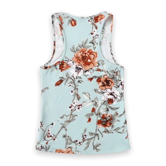 New Woman’s Spring Summer Boho Mint Blue Floral Print Racerback Casual Tank Top - Picture 6 of 11
